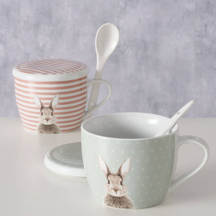 Kubek z pokrywką i z łyżeczką FLUFFY, porcelanowy, zajączek, 600 ml