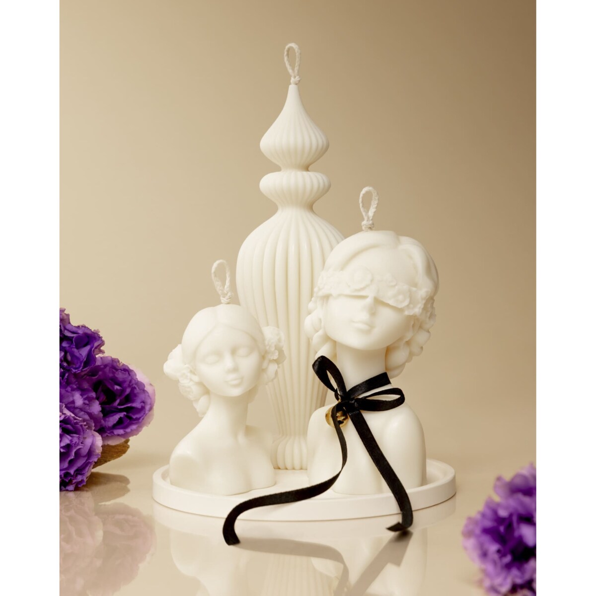 Zestaw świec sojowych Livia – eleganckie rzeźby z naturalnego wosku na tacy + torba prezentowa GRATIS