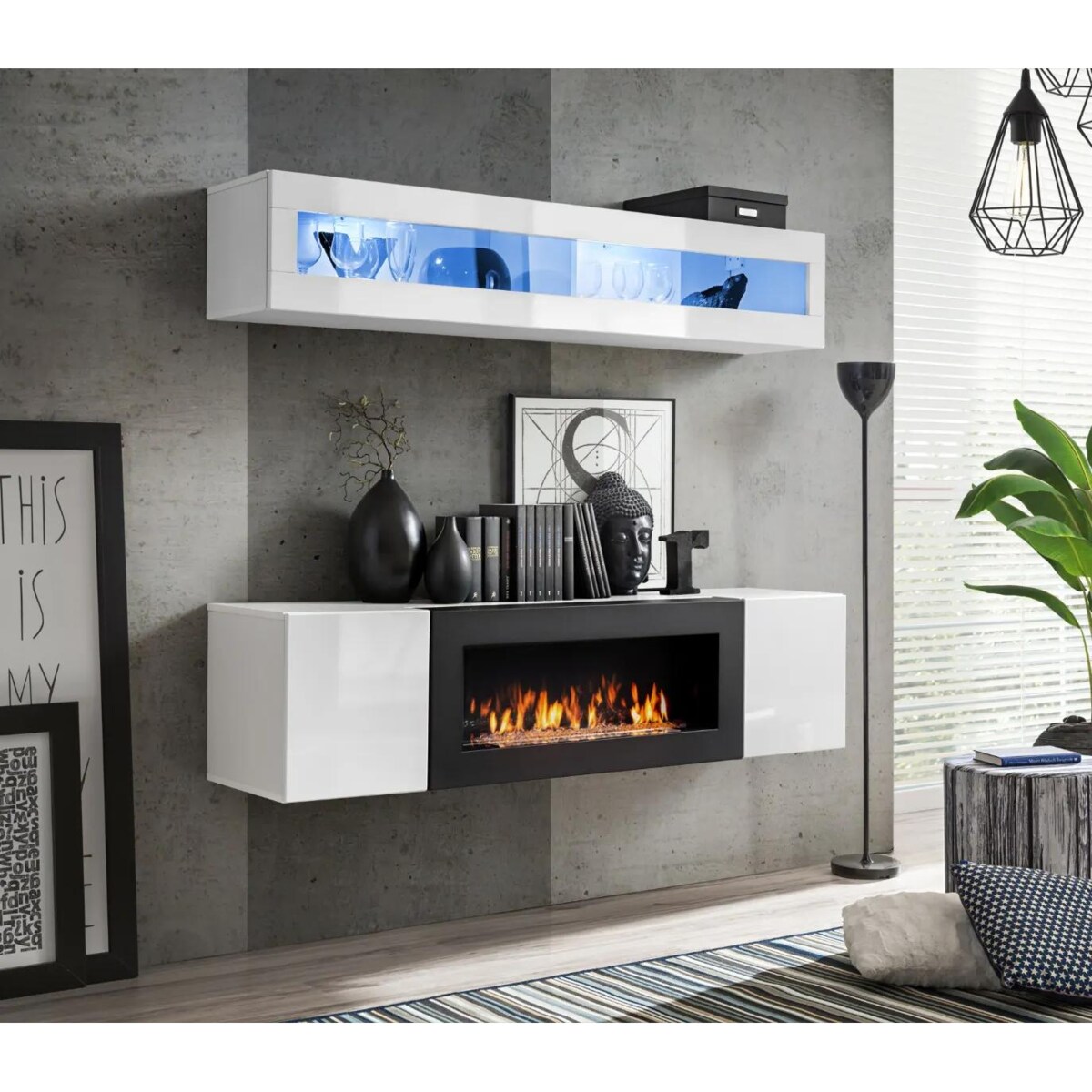 Meblościanka FLY N2 biały połysk/biały mat z biokominkiem