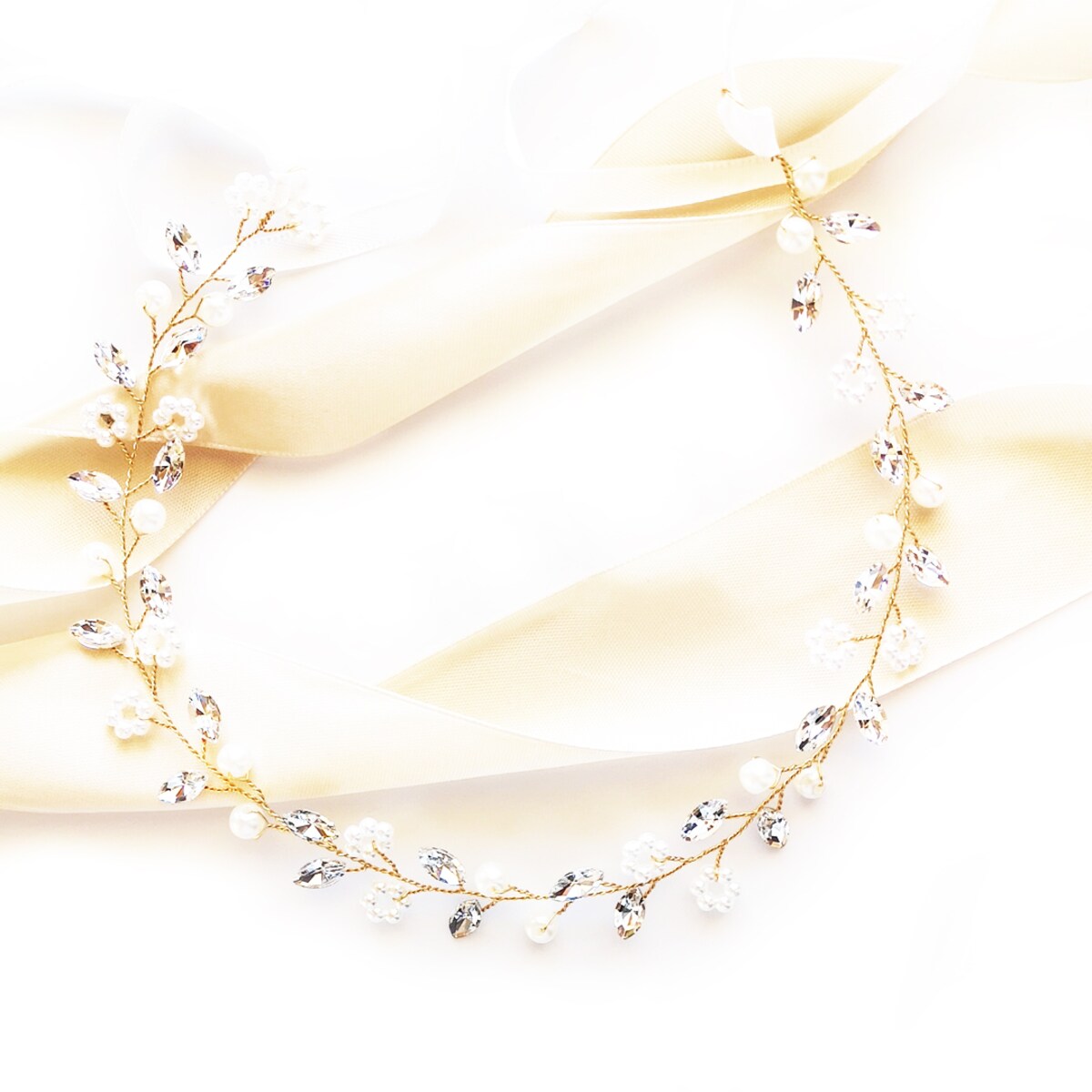 WIANEK BIŻUTERYJNY złota ozdoba ślubna do włosów BOHO perły