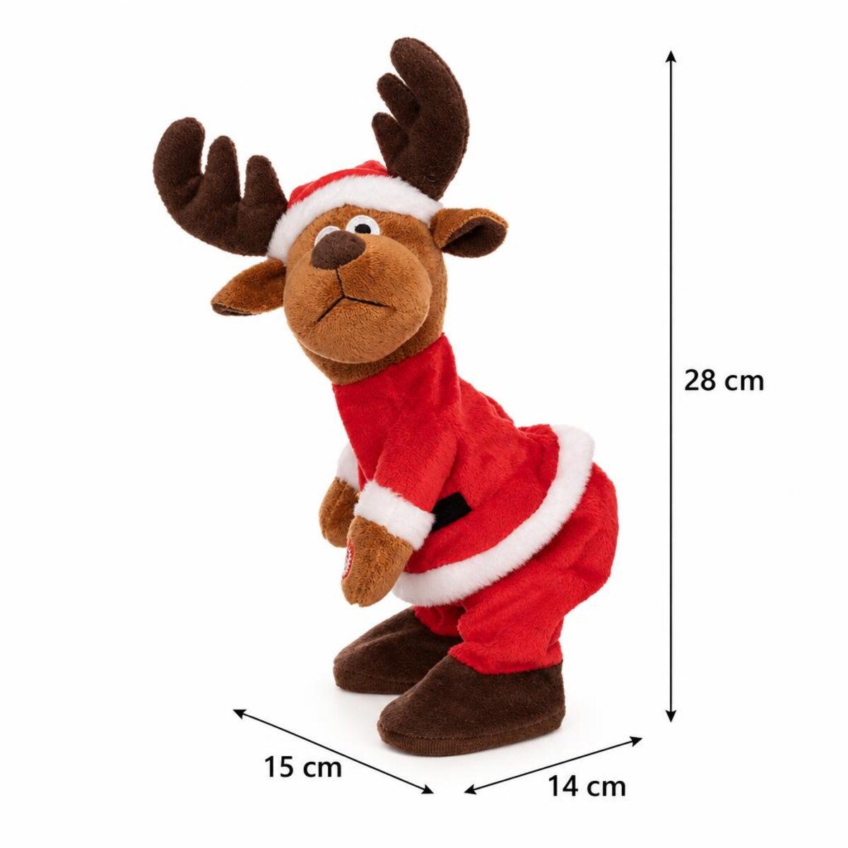 Tańczący renifer w stroju Mikołaja, figurka na baterie, wys. 28 cm, poliester