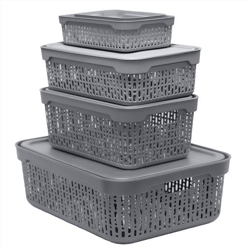 5X Koszyk Koszyczek Ażurowy Plastikowy Na Kosmetyki Do Łazienki Pojemnik Z Pokrywką Zamykany Z Dziurkami Szary Zestaw
