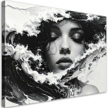 Obraz do salonu, Portret kobiecy czarno biały w stylu artystycznym fale morskie 45x30 cm