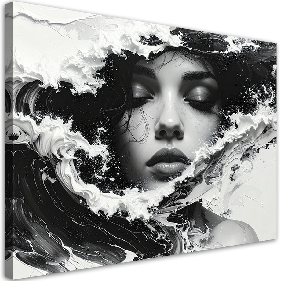 Obraz do salonu, Portret kobiecy czarno biały w stylu artystycznym fale morskie 45x30 cm