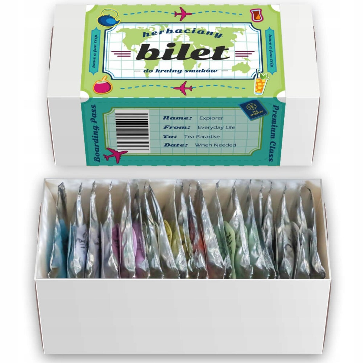 Zestaw prezentowy upominkowy box - 20 różnych smaków herbat liściastych "HERBACIANY BILET" na prezent upominek dla kobiety faceta mężczyzny niej niego