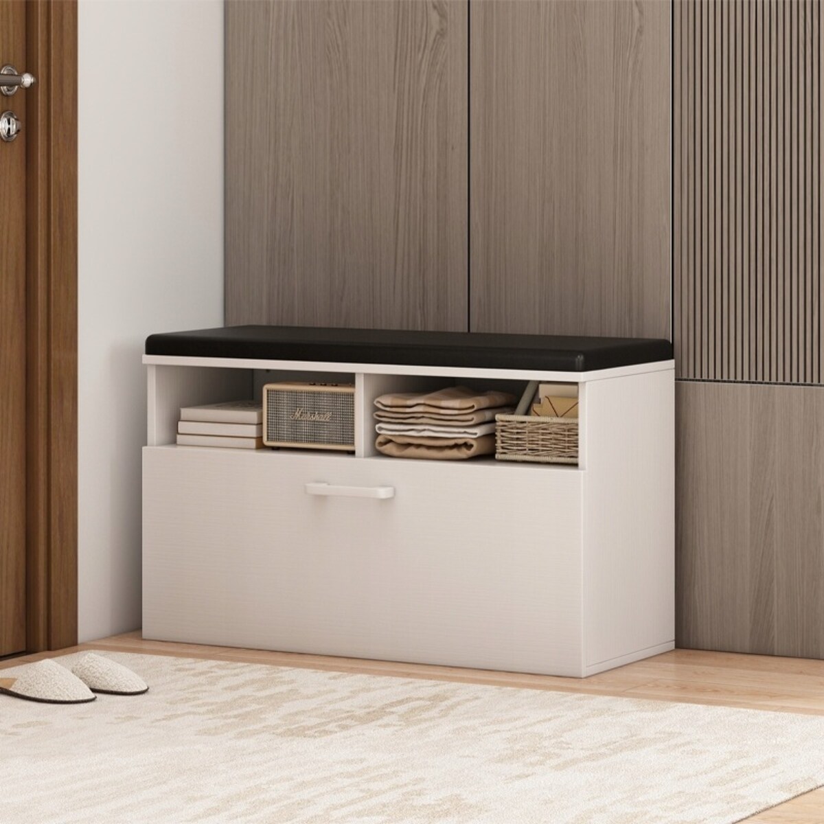 Szafka na buty biała z siedziskiem I schowkiem przedpokój 6 półek otwierana