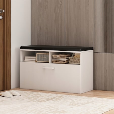 Szafka na buty biała z siedziskiem I schowkiem przedpokój 6 półek otwierana
