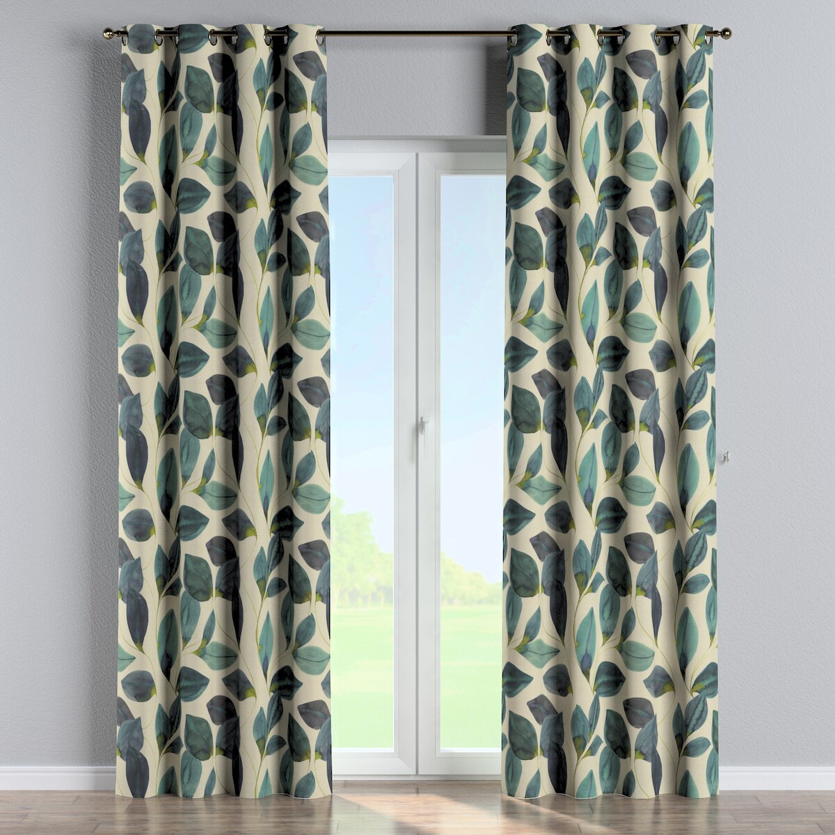 Zasłona na kółkach 1 szt. 130x245 liście w kolorze szmaragdowej zieleni z fioletem na lnianym tle