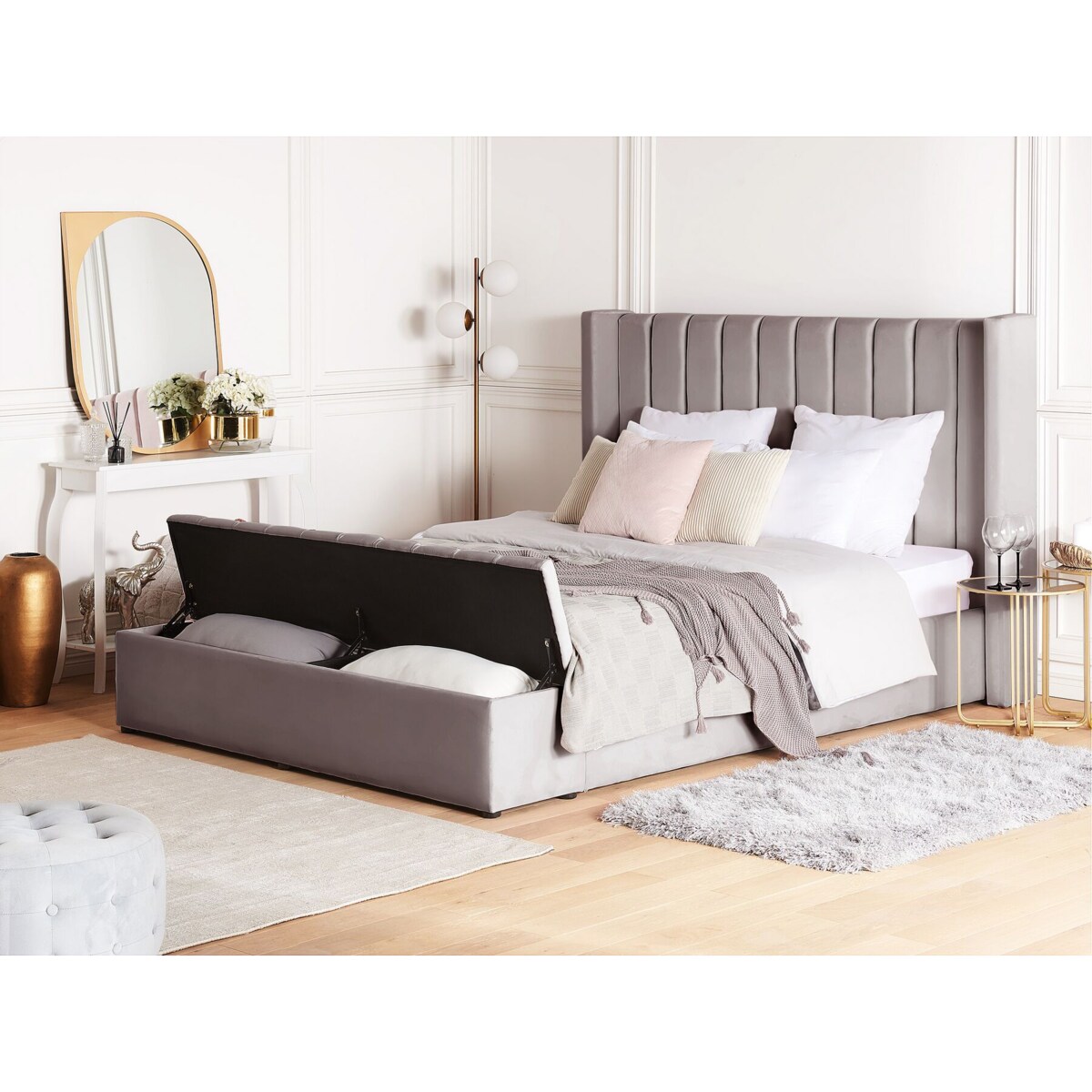 Łóżko welurowe z ławką 160 x 200 cm szare NOYERS