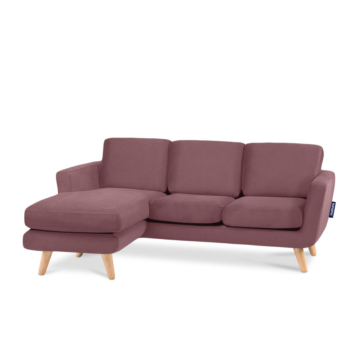 KONSIMO TAGIO Skandynawski narożnik welurowy w kolorze różowym z pufem/ otomaną, lewy