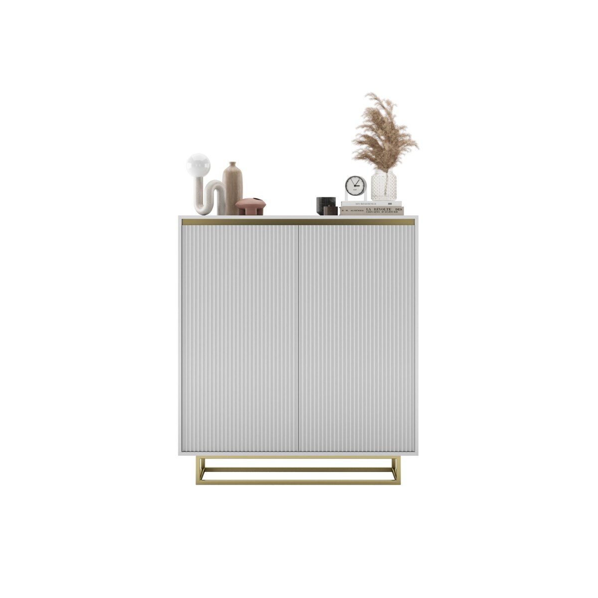 Komoda Glamour Szafka RTV Biały MAT ryflowane fronty złote akcenty 110,8 cm
