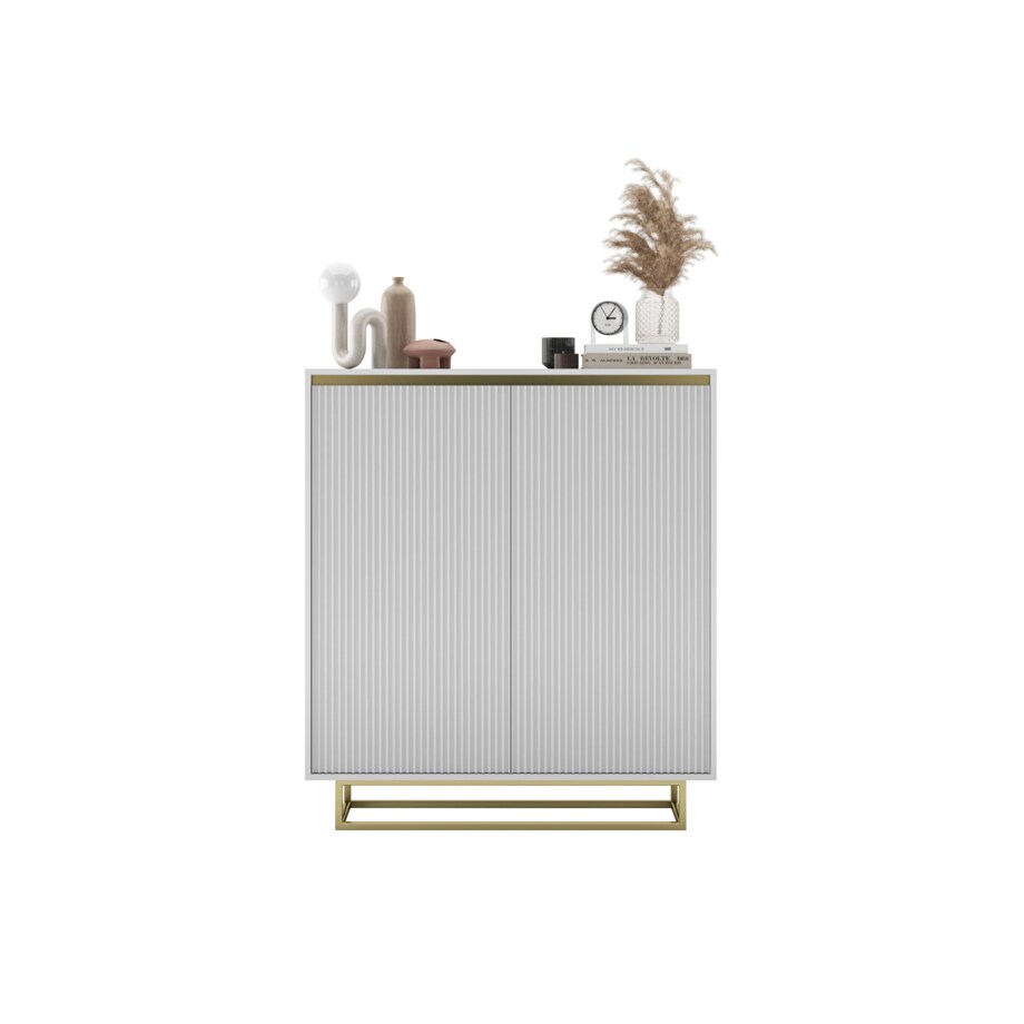 Komoda Glamour Szafka RTV Biały MAT ryflowane fronty złote akcenty 110,8 cm