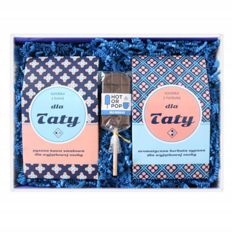 ZESTAW PREZENTOWY UPOMINKOWY - BOX PREMIUM PREZENT UPOMINEK DLA TATY TEŚCIA NA DZIEŃ OJCA URODZINY - KAWY SMAKOWE HERBATY SYPANE CZEKOLADOWY LIZAK