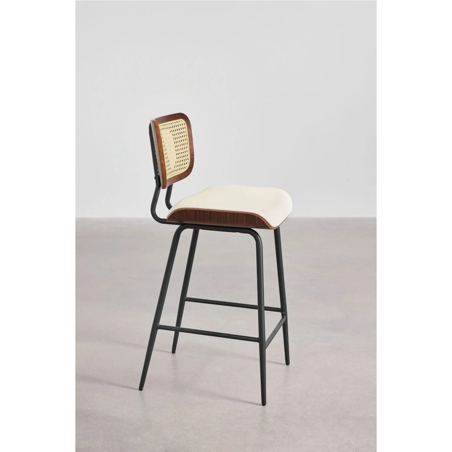 Krzesło barowe z drewna, rattanu i ekoskóry Raysa brązowe