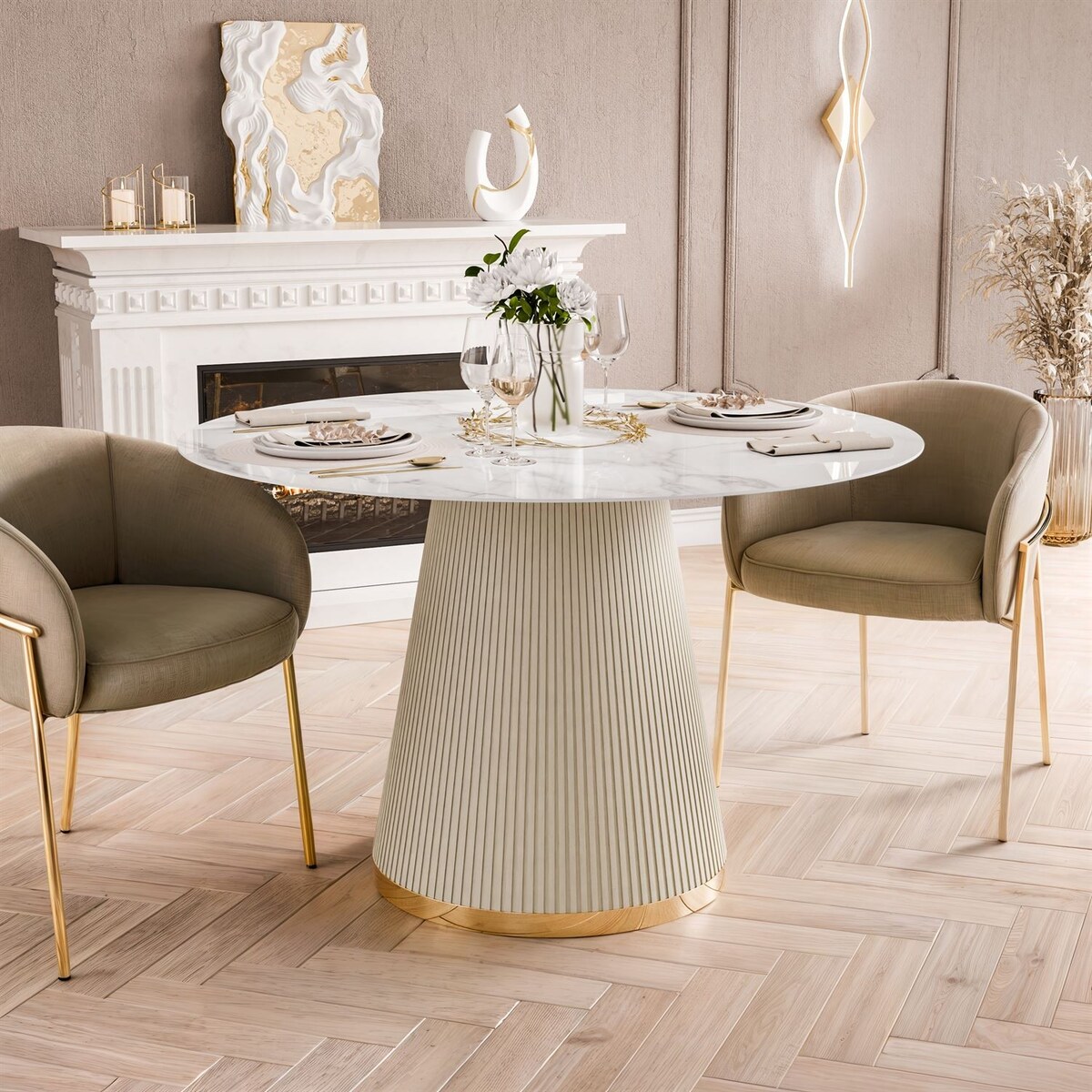 Stół ELVORIA z marmurowym blatem, biały marmur / beż