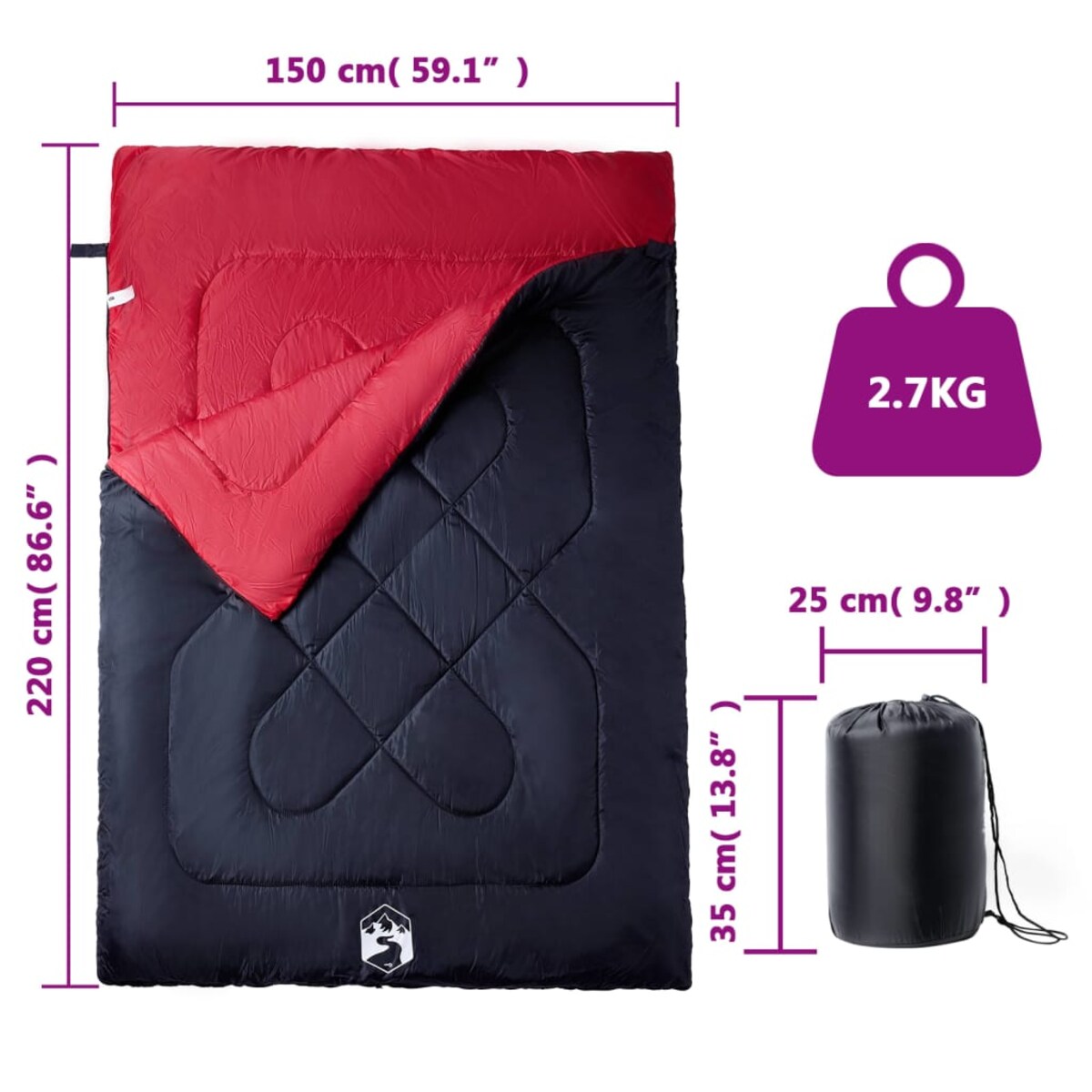 vidaXL Śpiwór dwuosobowy dla dorosłych, z poduszkami, 3-4 pory roku