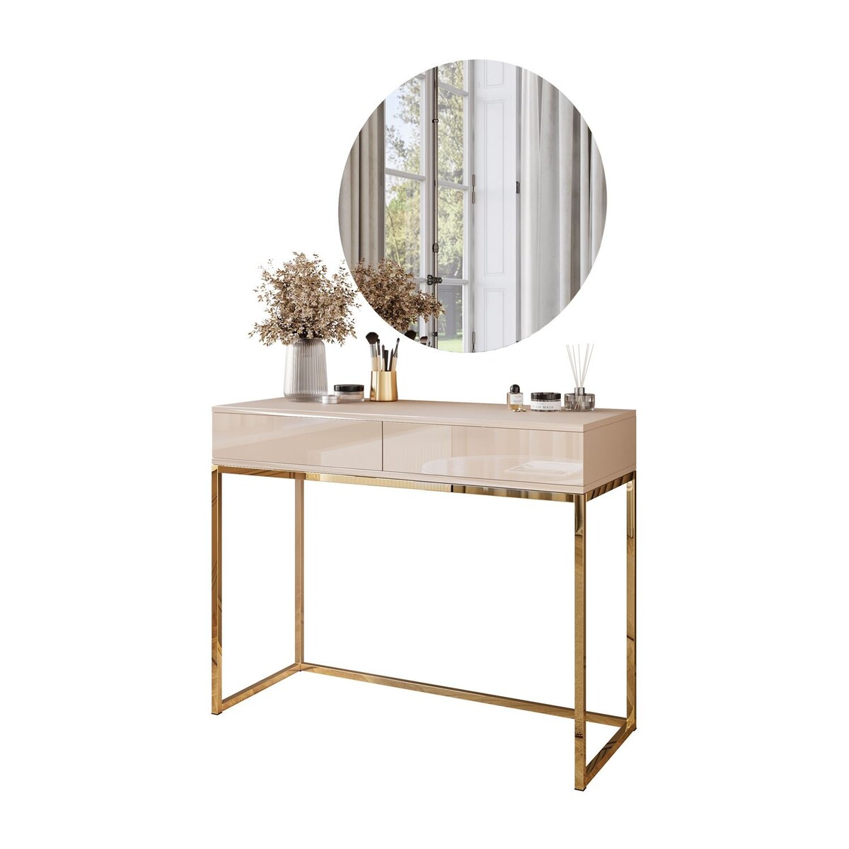 Toaletka BLANCO GLAMOUR KASZMIR na złotym chromowanym stelażu z lustrem LED, push-to-open