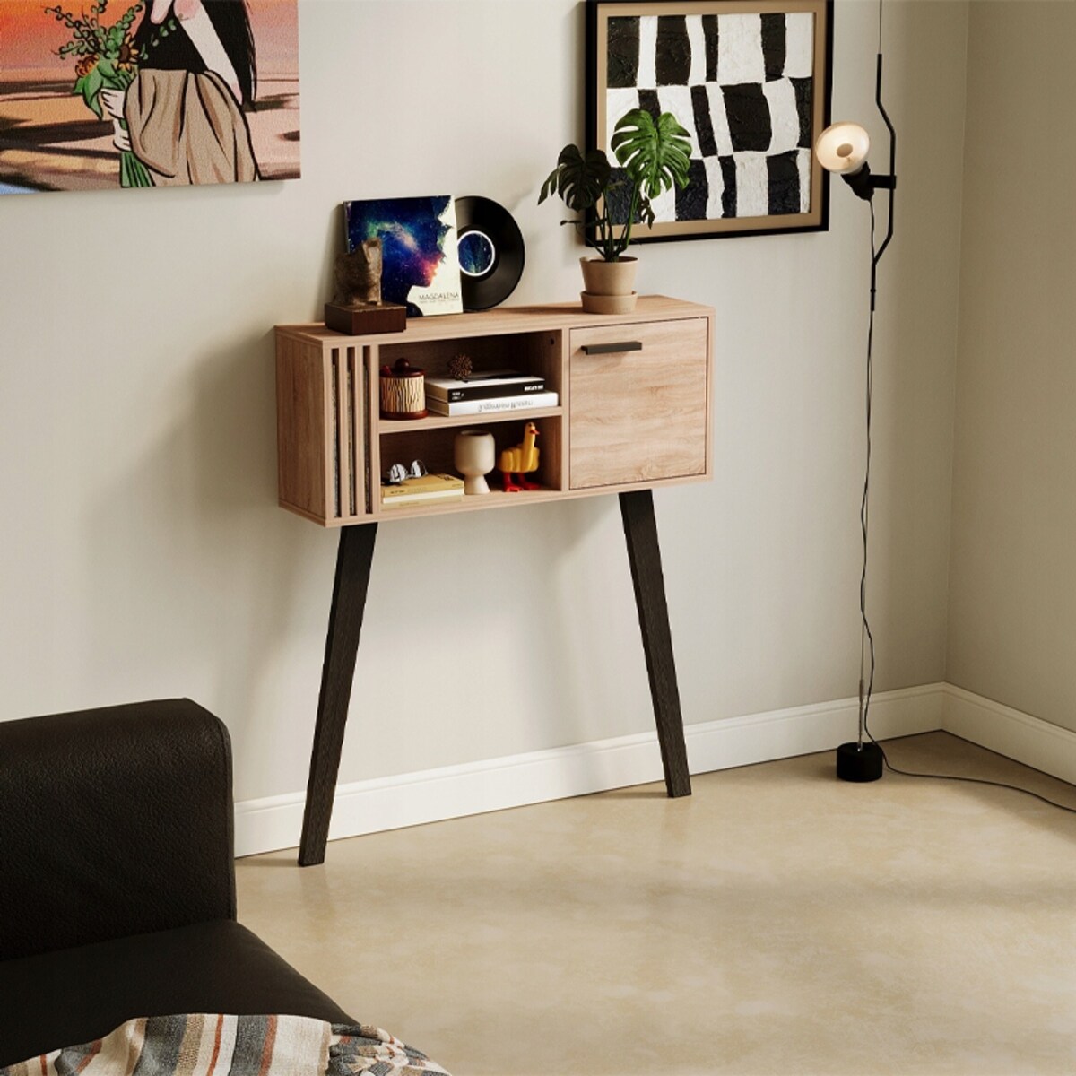 Konsola z lamelami do przedpokoju loft nowoczesna jasny dąb zamykana 80 cm