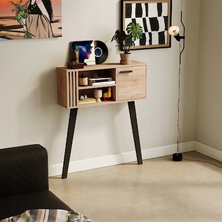 Konsola z lamelami do przedpokoju loft nowoczesna jasny dąb zamykana 80 cm