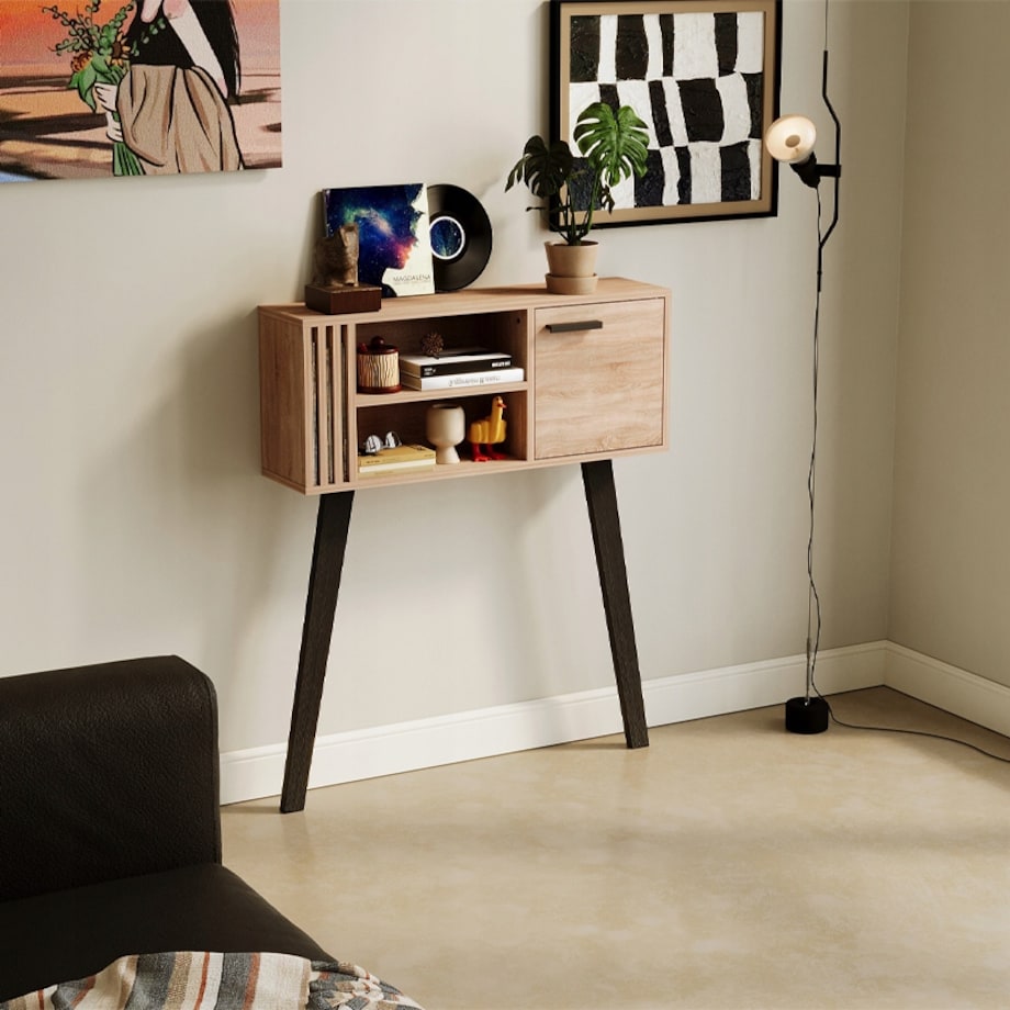 Konsola z lamelami do przedpokoju loft nowoczesna jasny dąb zamykana 80 cm