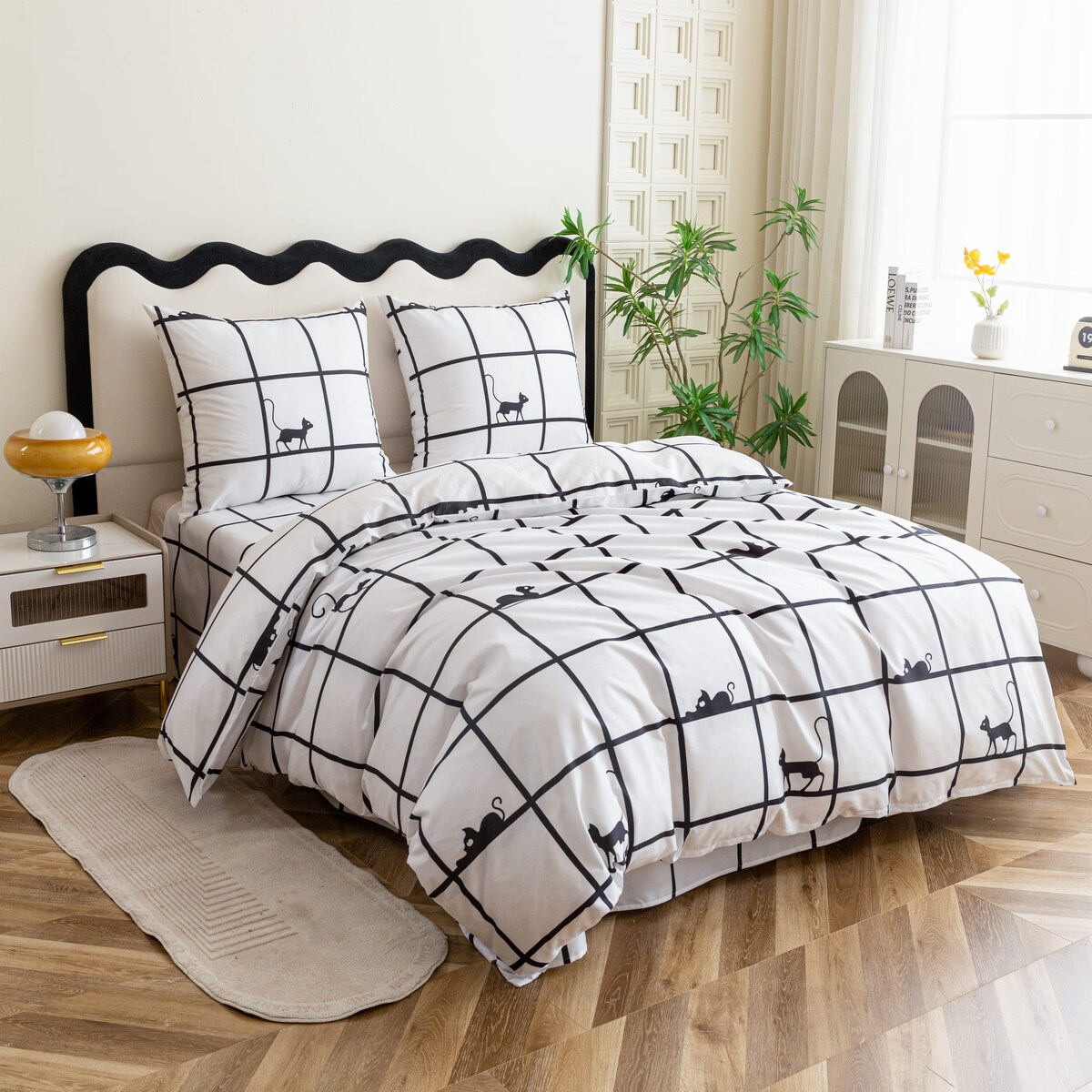 Komplet Pościeli Dwuosobowej Krata Z Kotami 220X200 Z 2 Poszewkami 70X80