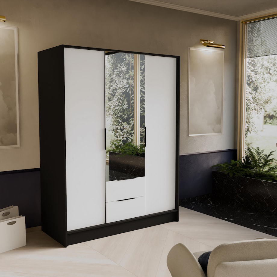 Szafa NIKOLA 150 z lustrem i regulowanymi półkami -czarna+biały front