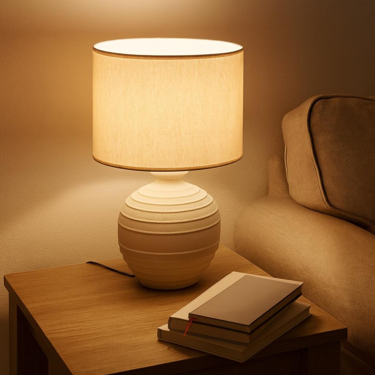 Lampa stołowa z okrągłą podstawą cementową, abażur lniany, Ø 32 x 47 cm