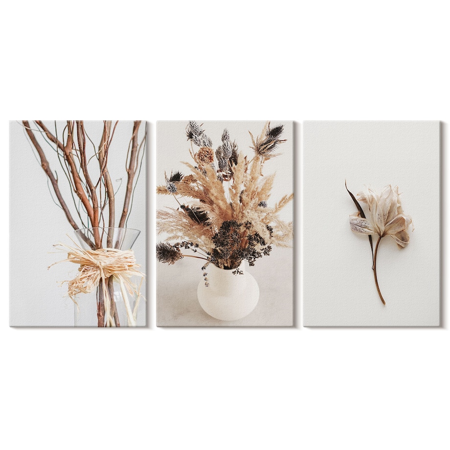 Zestaw 3 małych obrazów na płótnie - Kwiaty gałęzie minimalistycznie - beżowy