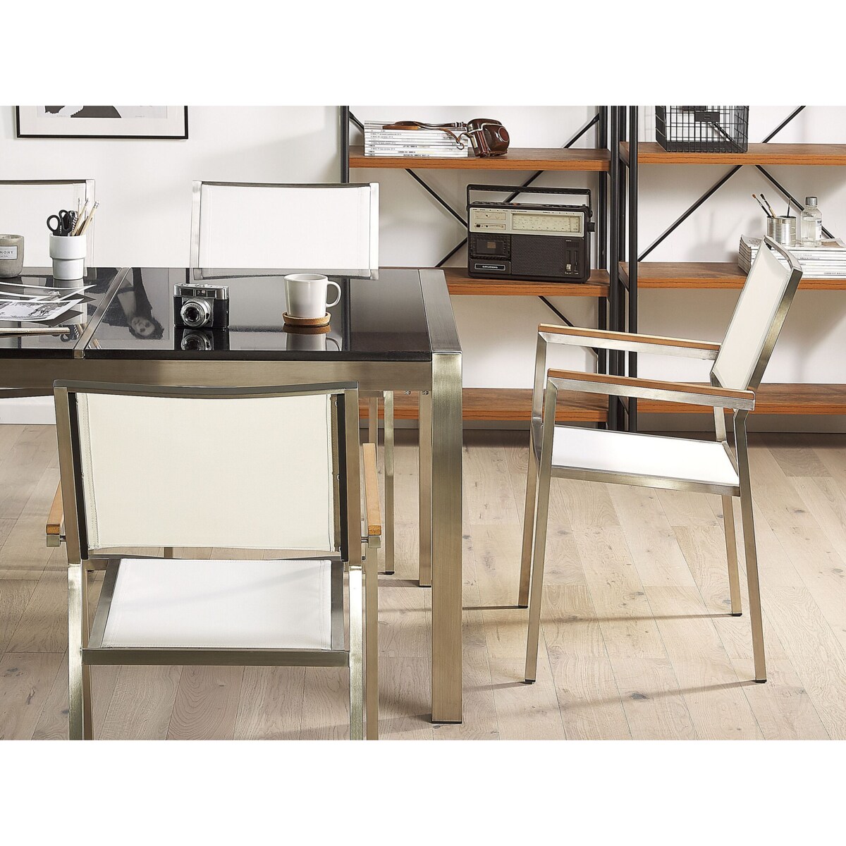 Zestaw ogrodowy stół granit palony dzielony blat czarny i 6 krzeseł białych GROSSETO