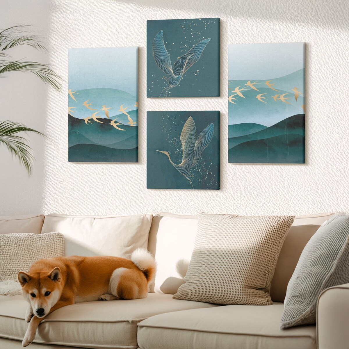 Zestaw 4 obrazów na płótnie - Abstrakcyjne pejzaże fal ptaków - turkusowy