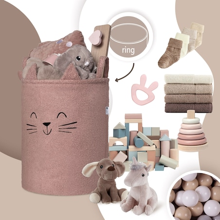 kosz na zabawki sipo, wersja premium boucle, zamykany na ściągacz, różowy kot, xl