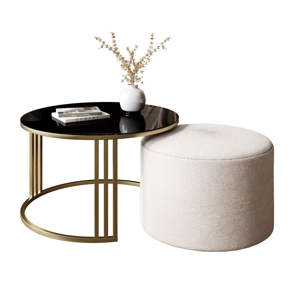 Stolik kawowy z pufą LORI GLASS złoto szczotkowane, czarne szkło / Perfect Harmony 01