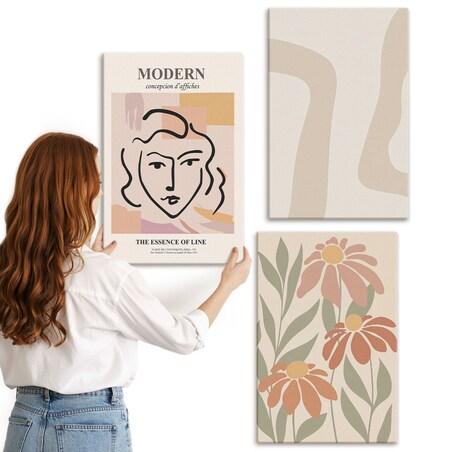 Zestaw 3 dużych obrazów na płótnie - Kobieta nowoczesna abstrakcje - pomarańczowy