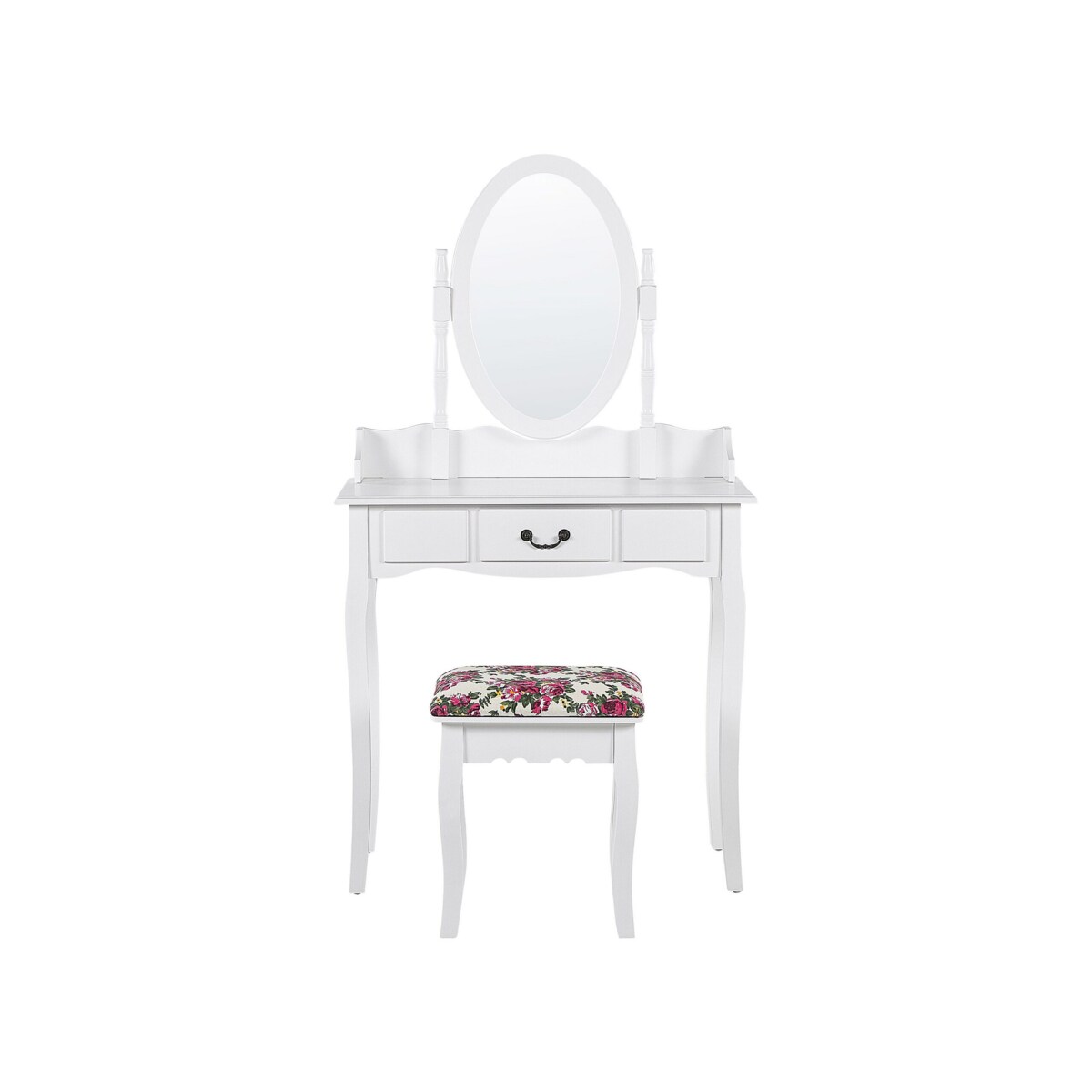 Toaletka 1 szuflada owalne lustro i stołek biała SOLEIL