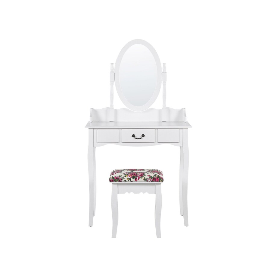 Toaletka 1 szuflada owalne lustro i stołek biała SOLEIL
