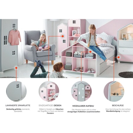 KONSIMO MIRUM Szara szafa z półkami w kształcie domku dla dziecka