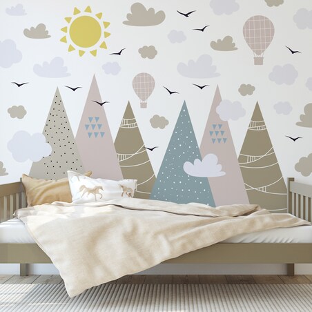 NAKLEJKI ŚCIENNE DLA DZIECI GÓRY CHMURKI PTAKI BALONY STYL BOHO ZESTAW