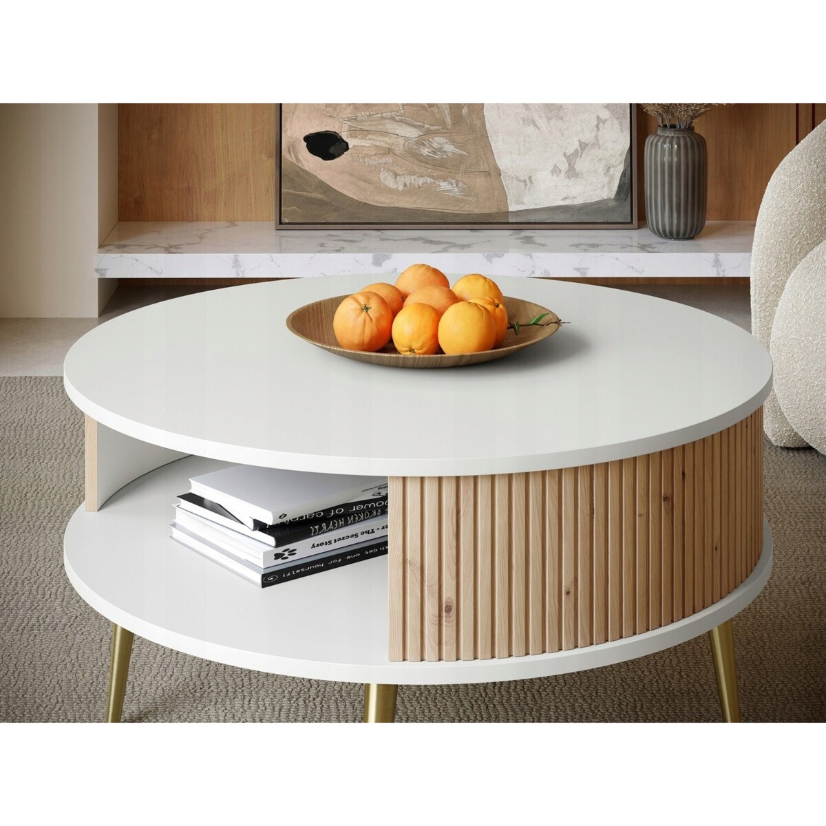 Stolik Kawowy Okrągły DO SALONU Biały Lamele Dąb Artisan VERLO GOLD 76cm