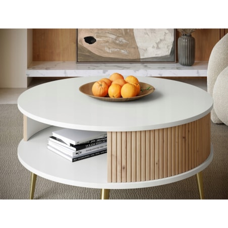 Stolik Kawowy Okrągły DO SALONU Biały Lamele Dąb Artisan VERLO GOLD 76cm