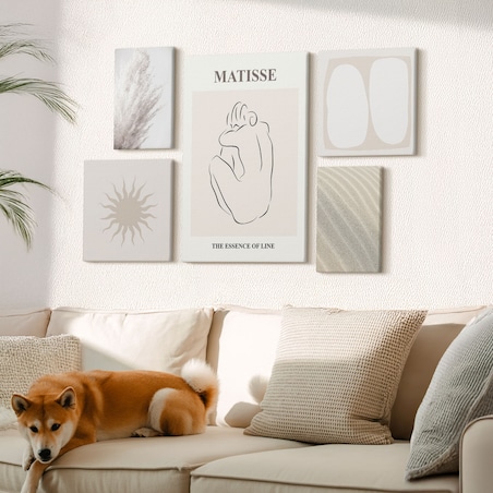 Zestaw 5 obrazów na płótnie - Styl boho minimalistyczne formy - beżowy