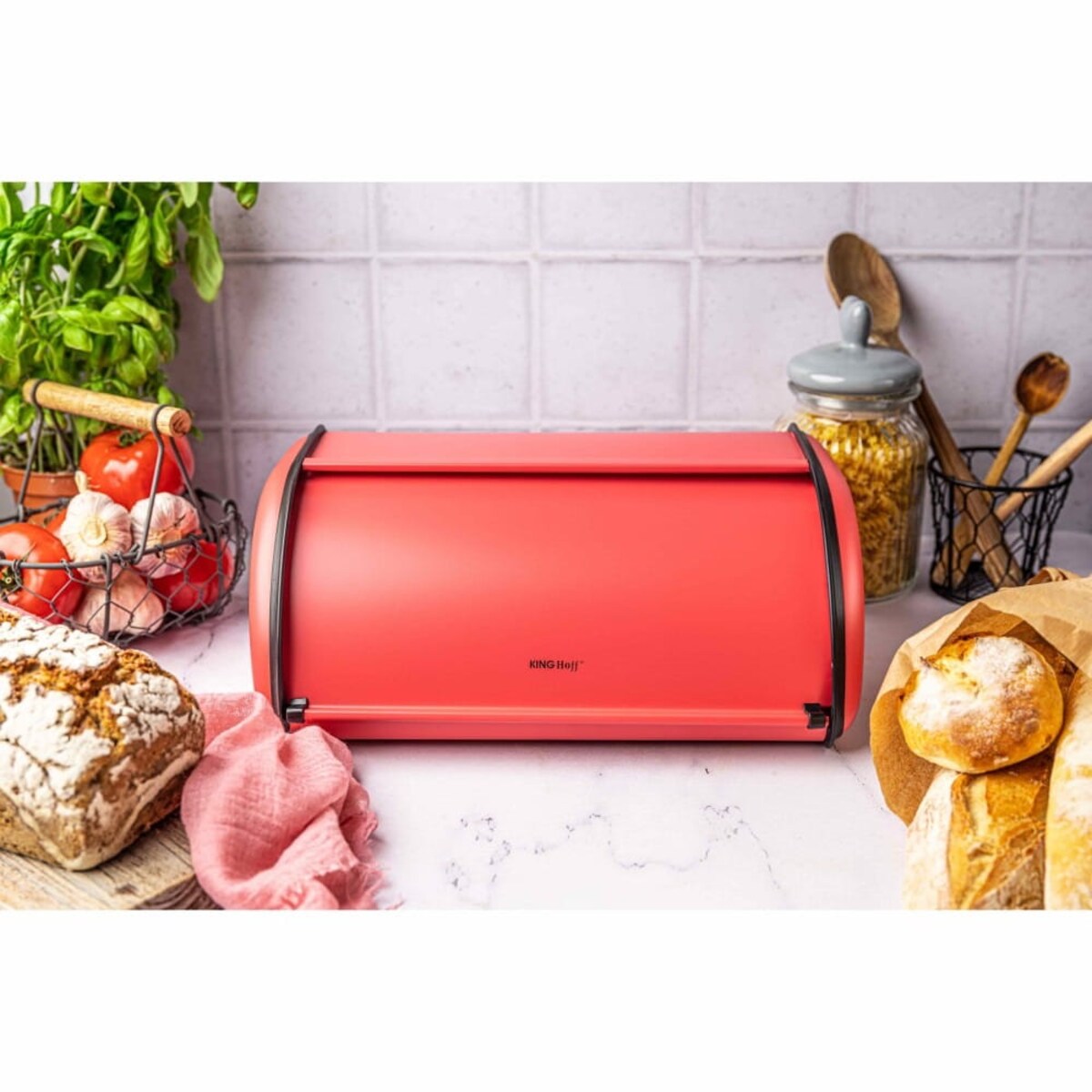 Chlebak stalowy mały 36cm czerwony matowy pojemnik na chleb pieczywo bułki KINGHOFF