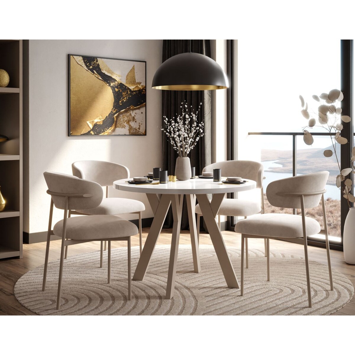 Okrągły stół rozkładany VOLTA GLOSS, nogi kaszmir, blat biały