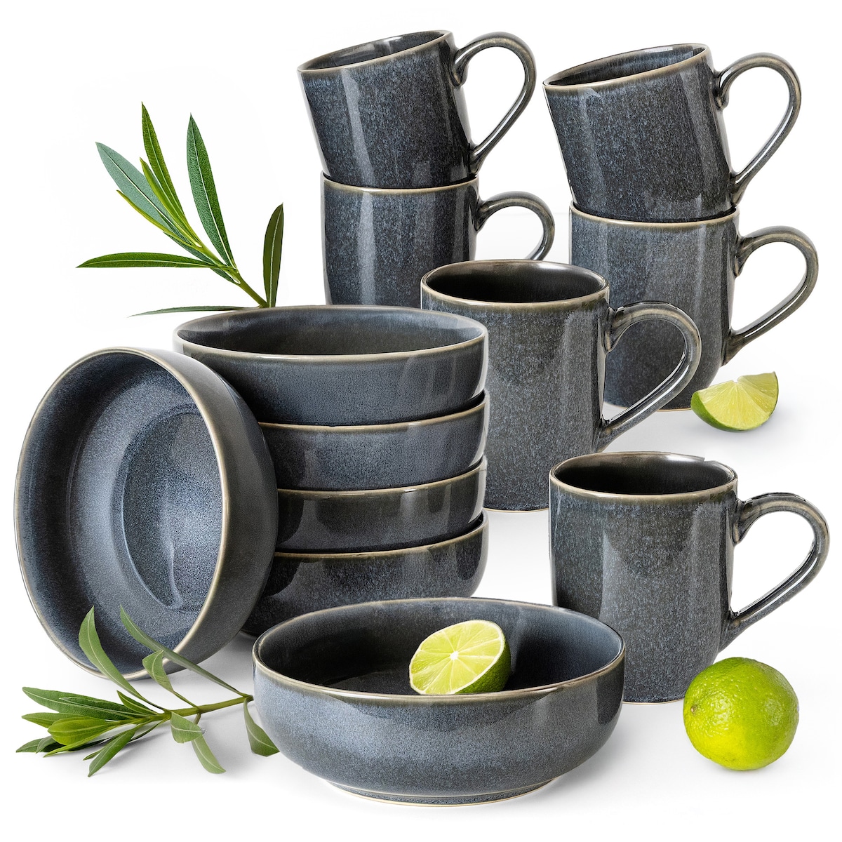 EDA Zestaw śniadaniowy 6 os. (12 el.), niebieski/szary/beżowy