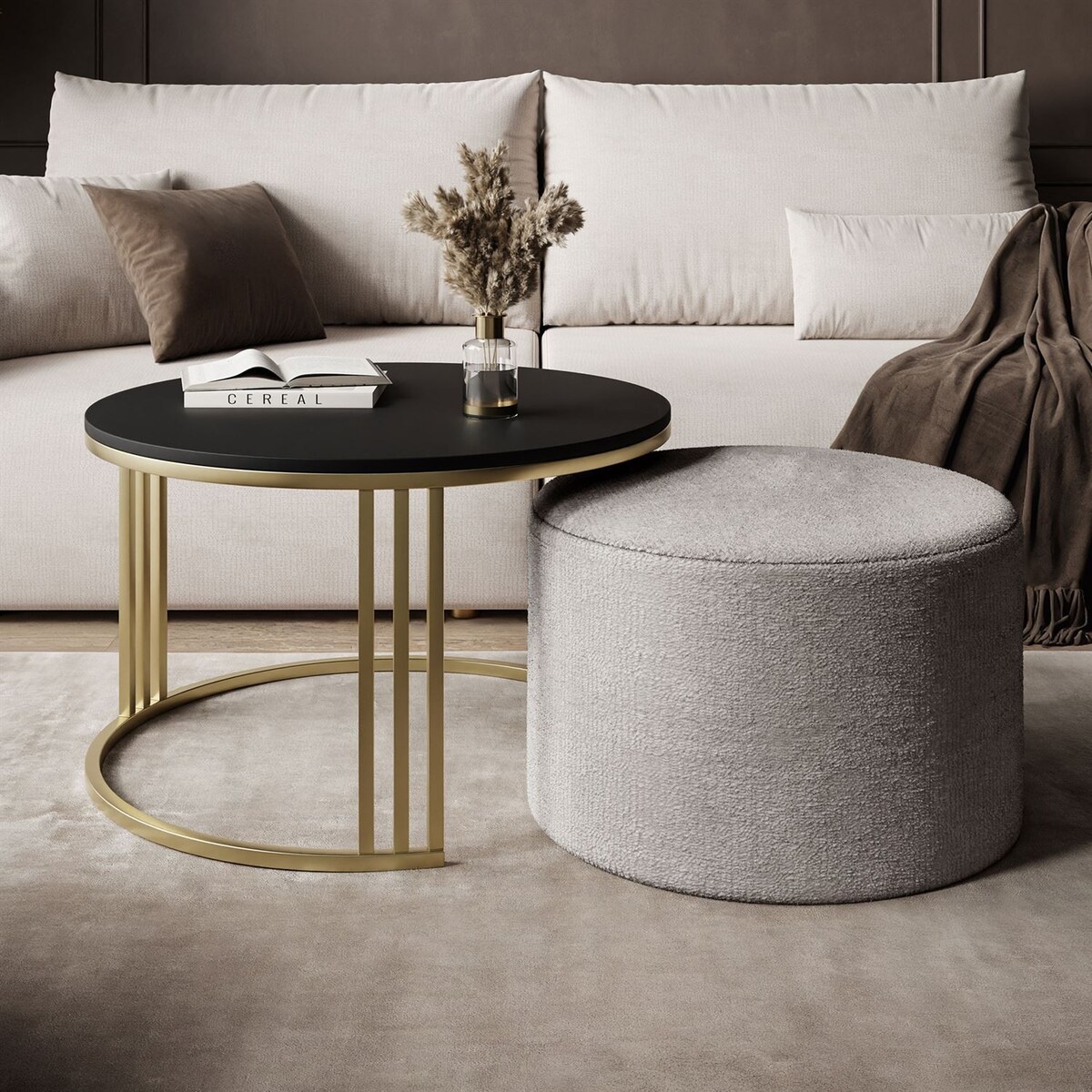 Stolik kawowy z pufą LORI MAT złoto szczotkowane,czarny mat / Perfect Harmony 82