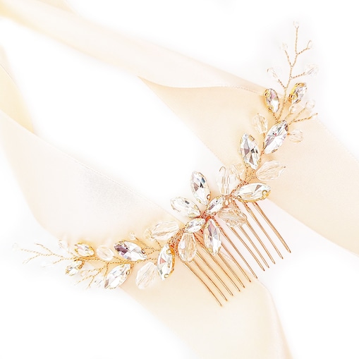 Złoty grzebyk ślubny elastyczny z cyrkoniami i kryształkami