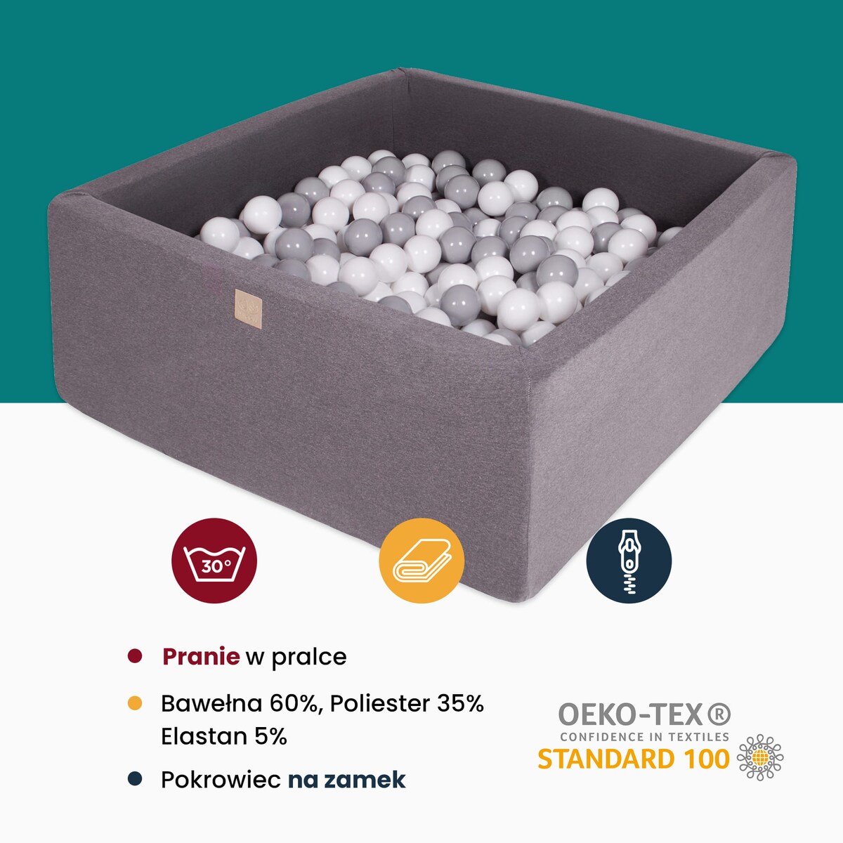Kwadratowy Suchy Basen dla Dziecka 90x90x40cm/200 Piłek 7cm, Cotton, Ciemnoszary: Białe/Niebieskie/Turkusowe/Błękitne