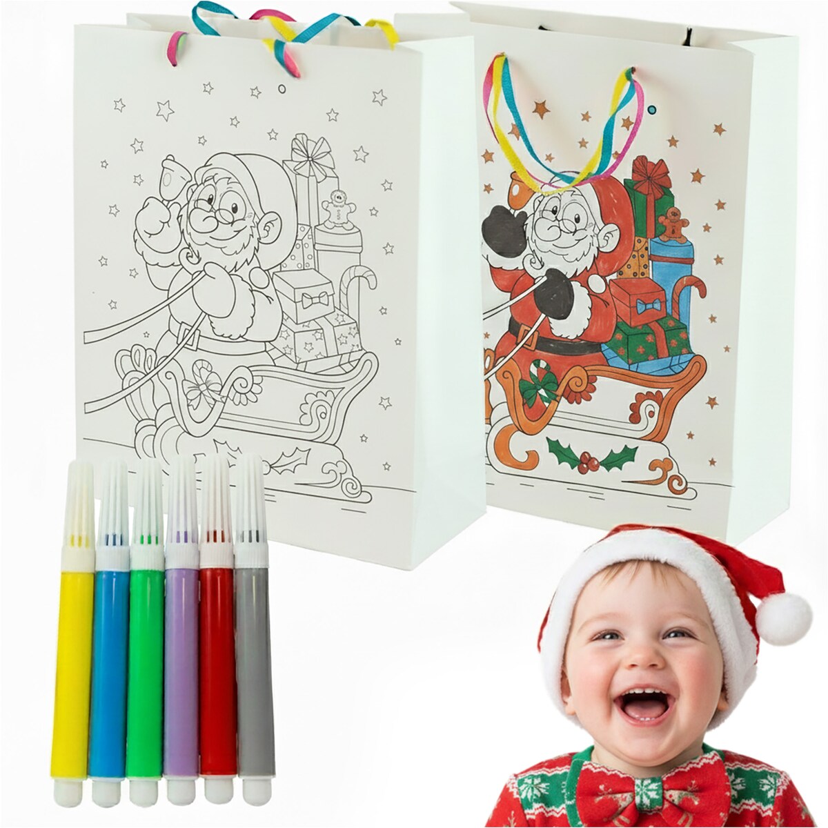 Torebka Prezentowa Na Prezent Do Kolorowania Dla Dzieci 23X18X10 Cm Sanie Mikołaja