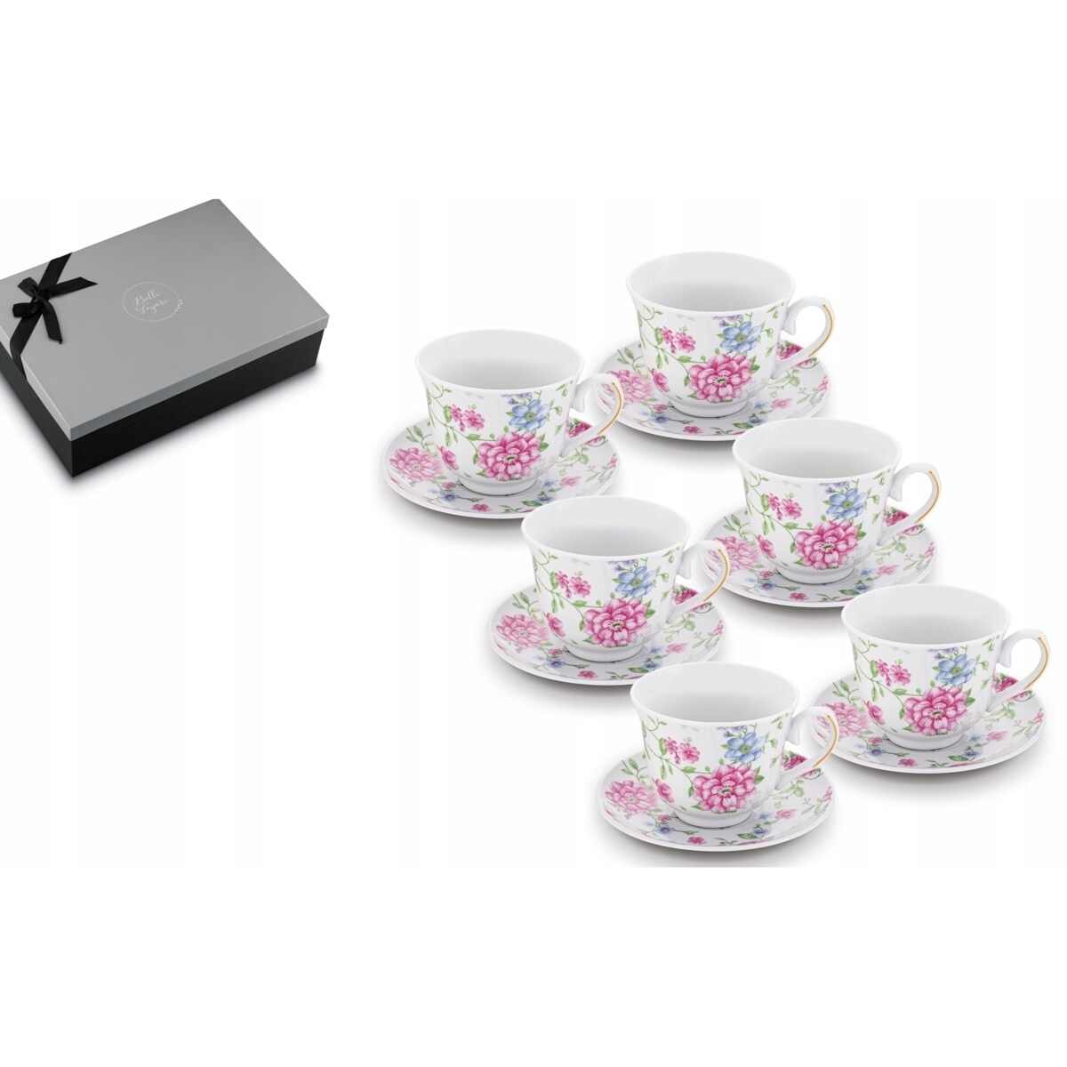 W PUDEŁKU Komplet filiżanek do kawy 250 ml NA PREZENT 6szt W KWIATY dekor