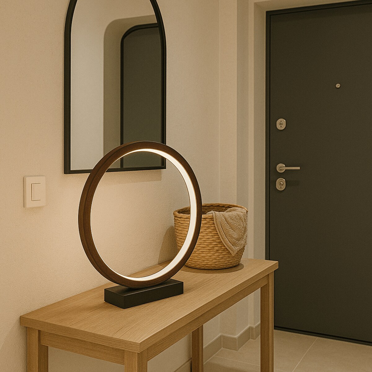 LAMPA STOŁOWA RAVELLA S OBRĘCZ BRĄZOWA IMITACJA DREWNA PODSTAWA CZARNY MARMUR