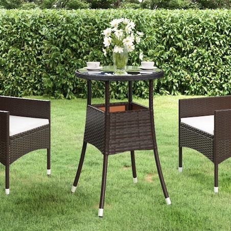 vidaXL Stolik ogrodowy, Ø60x75 cm, szkło i rattan PE, brązowy